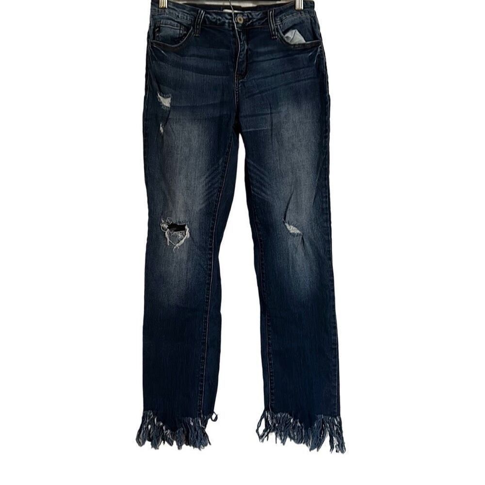 KanCan Distressed Frayed Hem Jeans Denim Dark Wash Blue